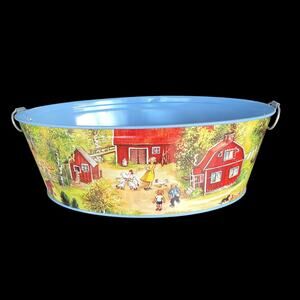 Vintage Schylling Tin Tub Estonia Bucket Oval Pail with Handles Farm Scene READ